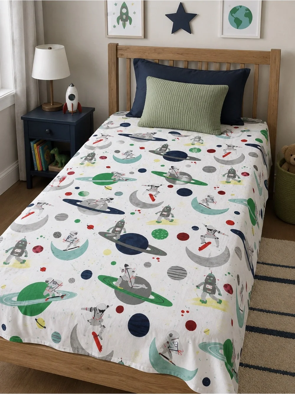Pottery Barn Kids Robot Space Skateboard Twin Flat Sheet Bedding Cotton